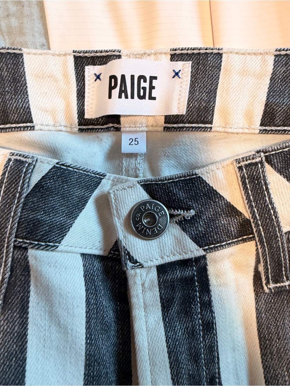 PAIGE Vertical Black and White Stripe High-Waist Jeans 25